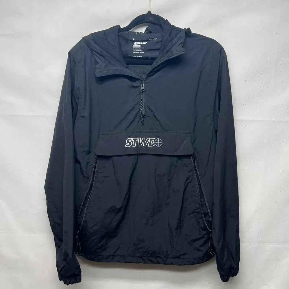 Pull&Bear Men's Black Windbraker Size XS Hooded 1/4 Zip Long Sleeves